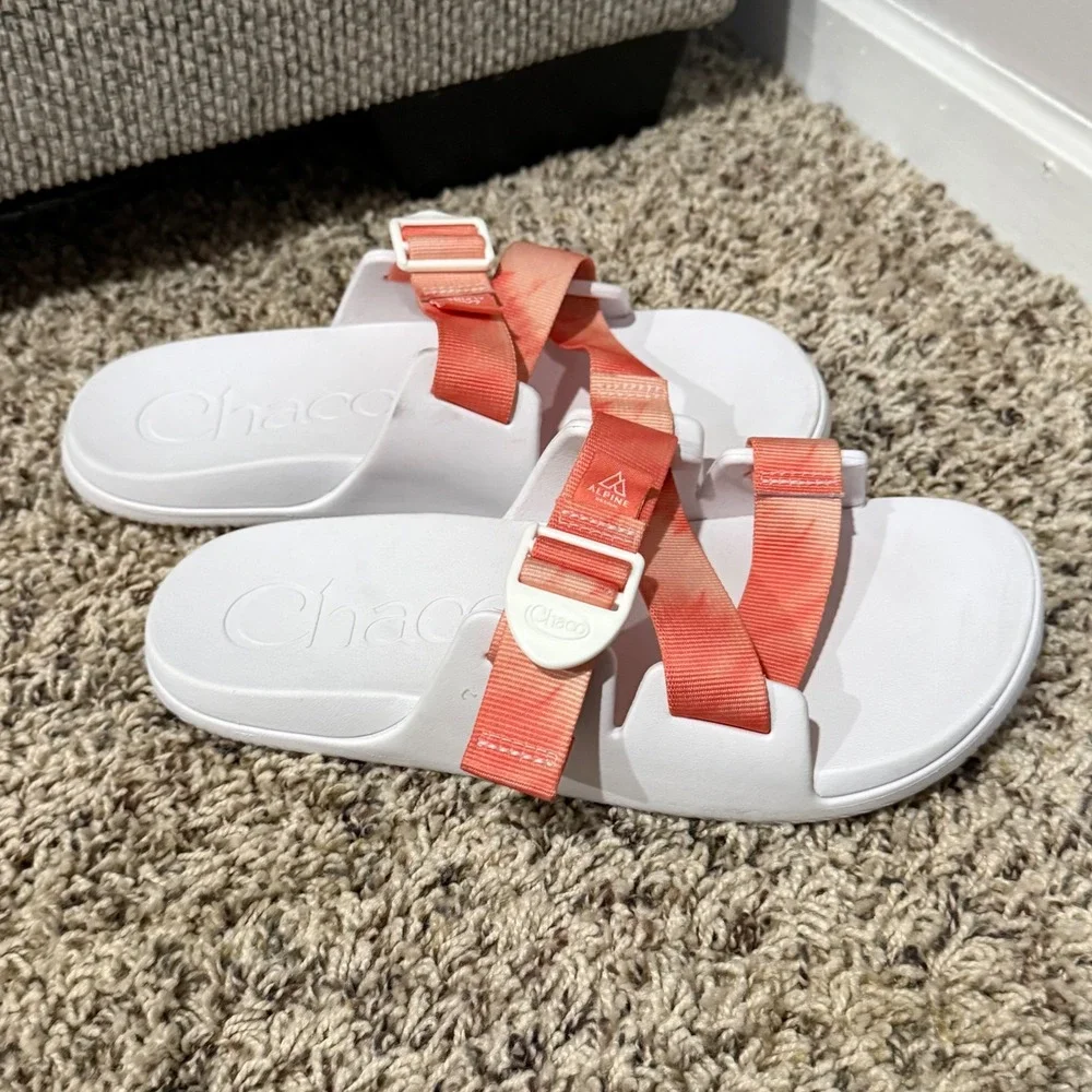 Chaco Chillos Slide Sandals Womens 8 Alpine Design White Orange Tie Dye Strappy